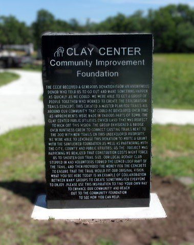 Memorial plaque at Clay Center honoring the Community Improvement Foundation and its supporters.