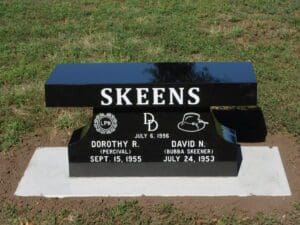 Black granite cemetery bench headstone with inscriptions