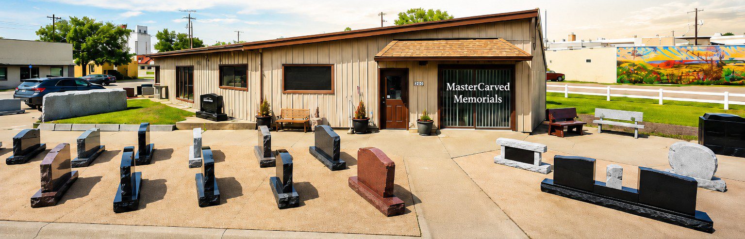 Memorial showroom with headstones displayed outside