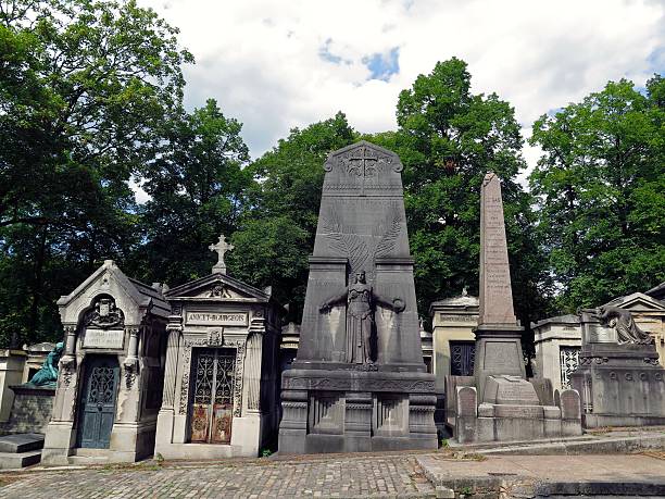 Row of historic mausoleums and obelisk