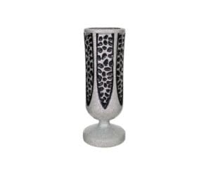 Textured gray vase with decorative black accents.