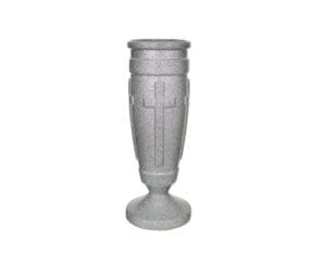 Gray urn with cross design for memorials.