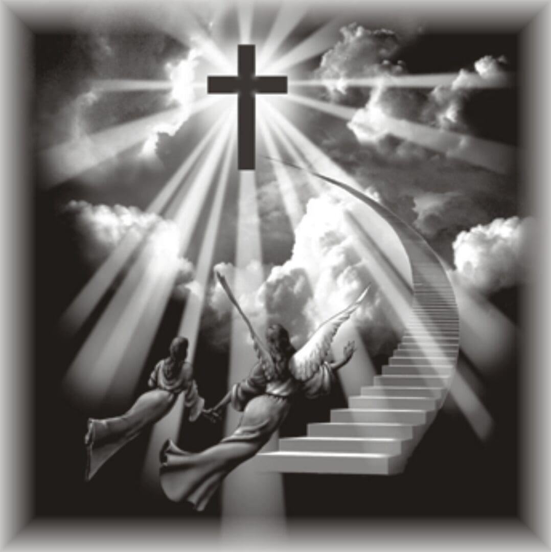 Heavenly scene with angels and a cross.