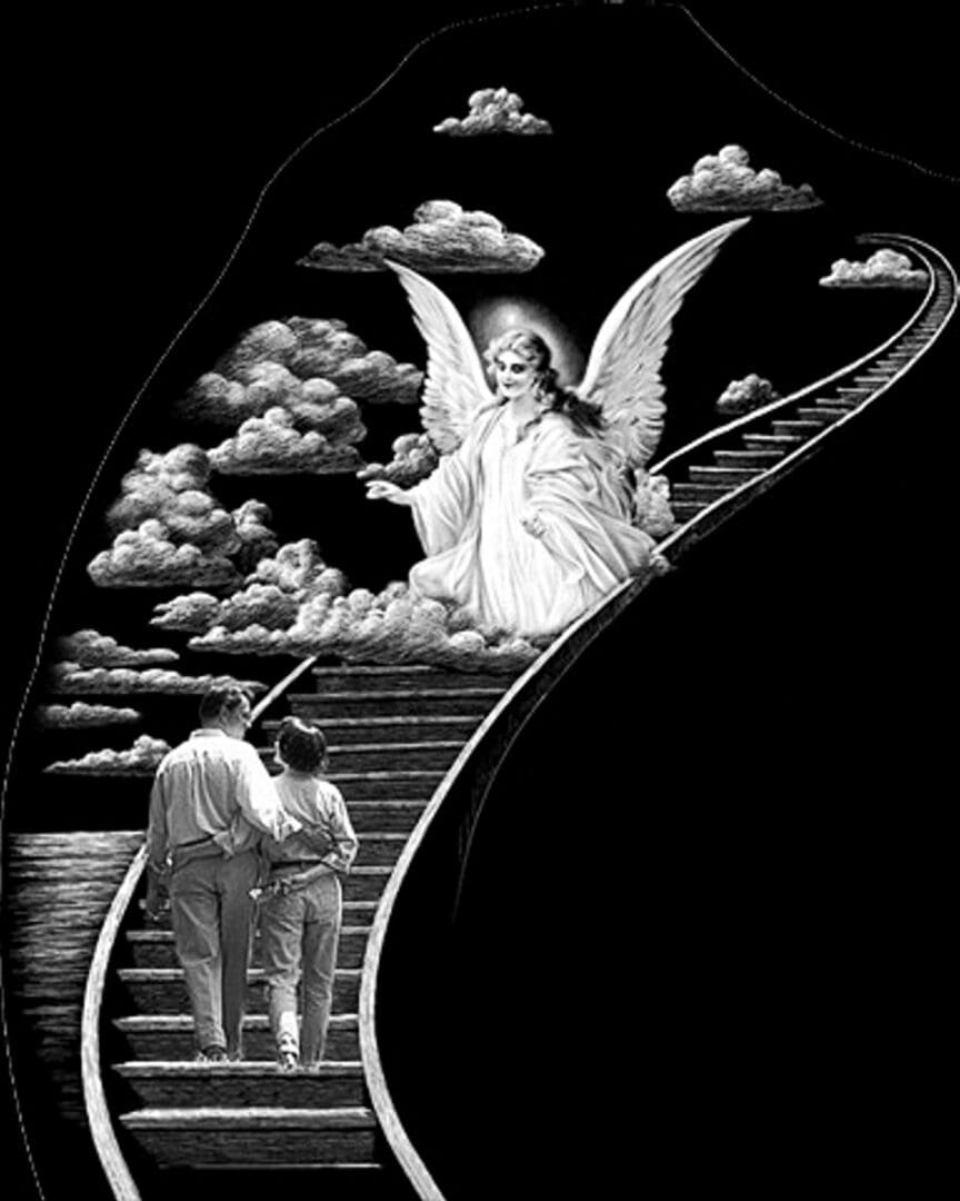 Angel guiding a couple up celestial stairs.