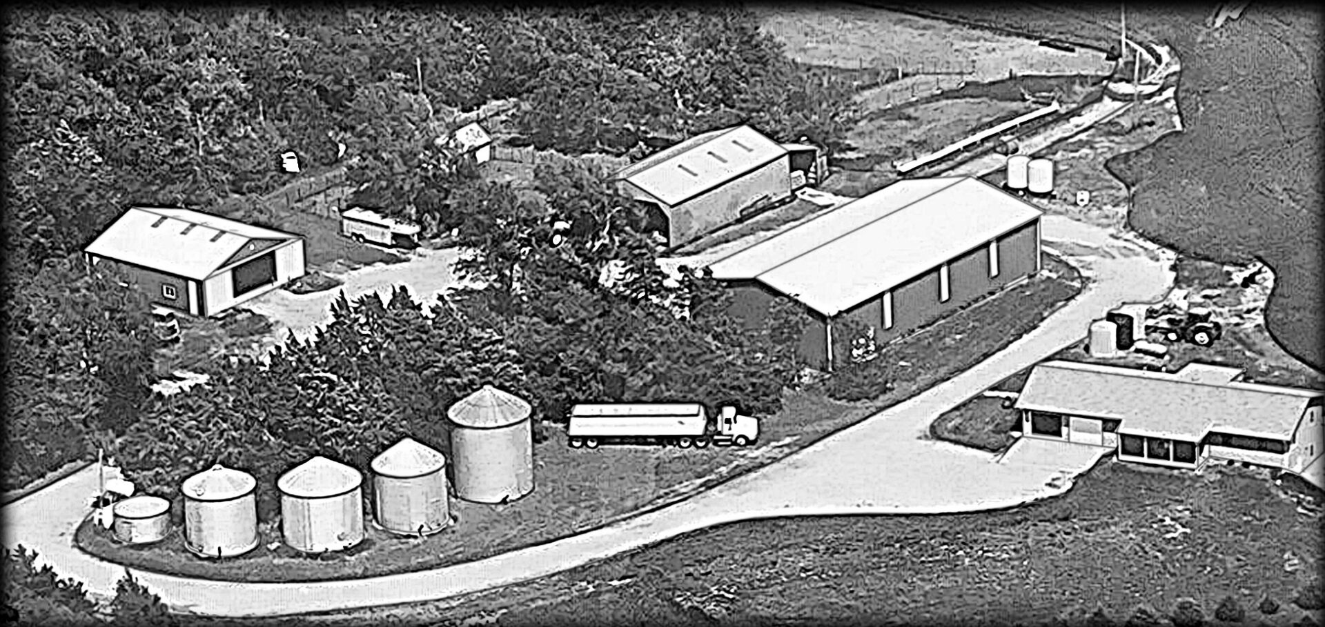 Aerial view of a rural agricultural site.