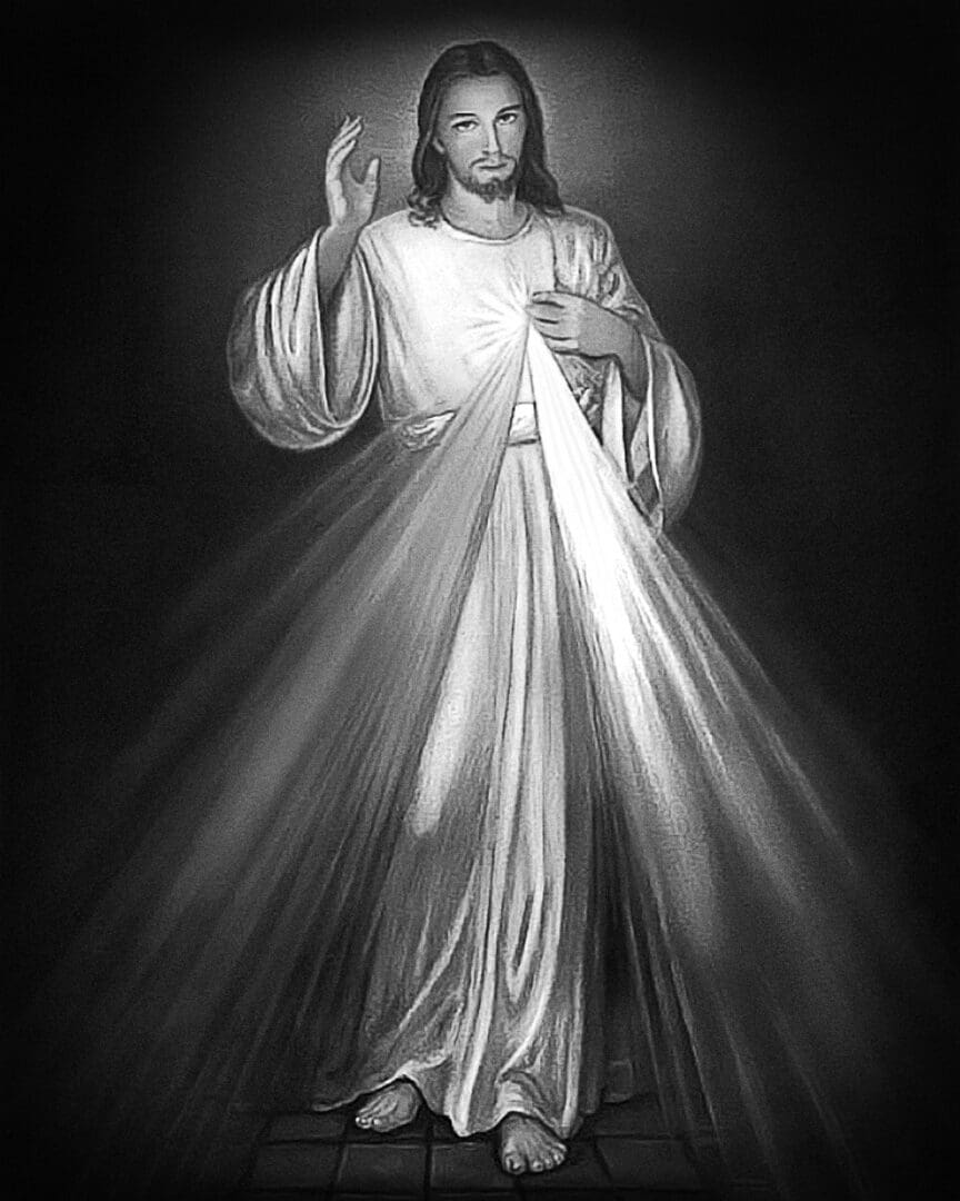Religious figure with radiant light and gesture.