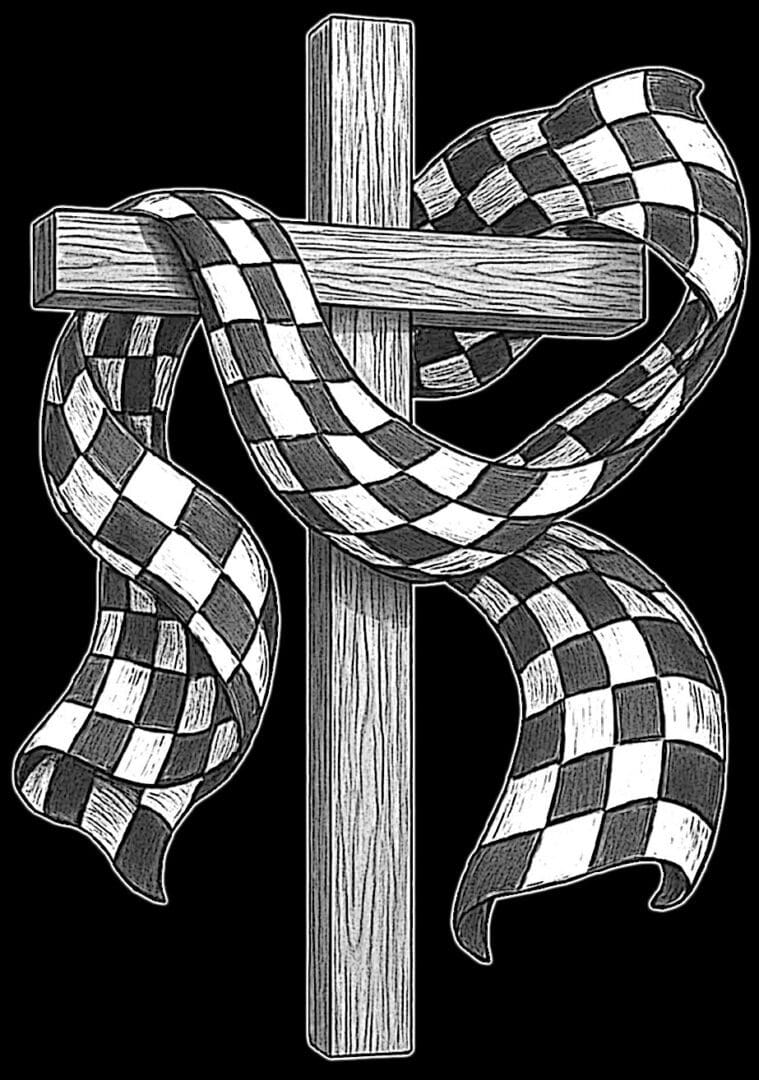 Cross entwined with a checkered flag design.