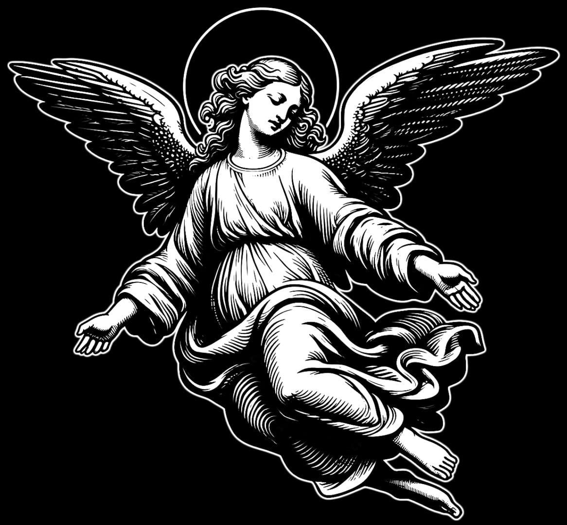 Angel illustration with wings and halo.