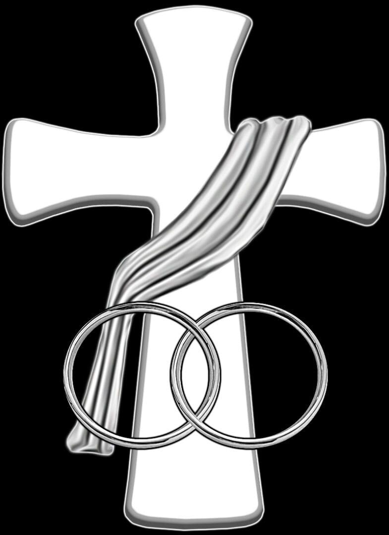 Cross with intertwined wedding rings design.