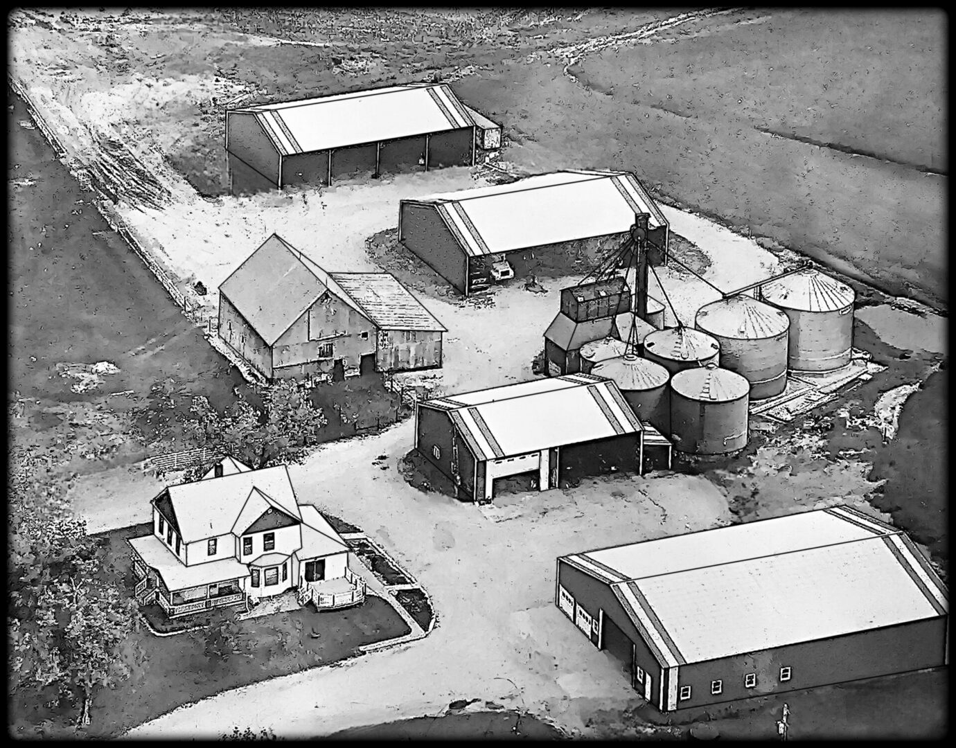 Aerial view of a rural farm complex.